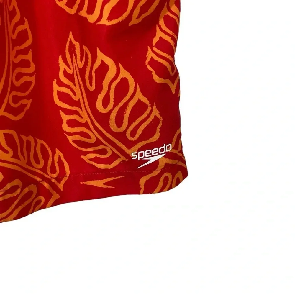 Speedo Men’s Red Orange Leaf Print Swim Trunks Board Shorts Size M